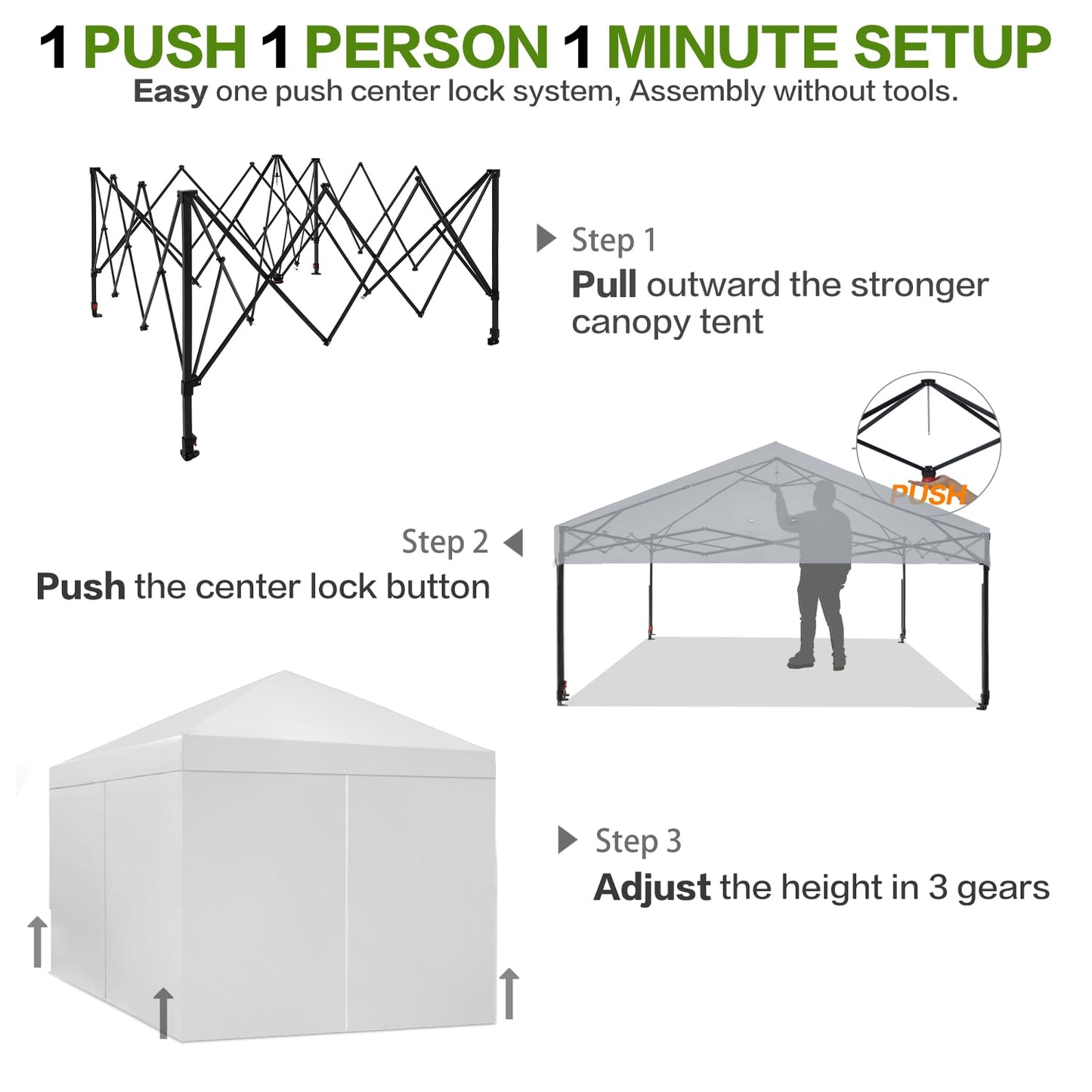 Tunbne 10X10 Comercial Pop Up Canopy Tent with 4 Sidewalls and 6 Pockets, One Push Setup Center Lock, for Beach Patio Outdoor, Case, 8 Stakes, 4 Ropes, 4 Sandbags (Snow White)