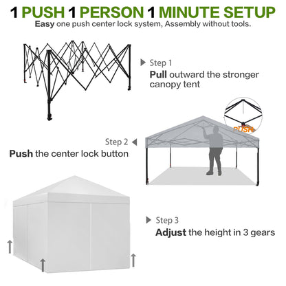 Tunbne 10X10 Comercial Pop Up Canopy Tent with 4 Sidewalls and 6 Pockets, One Push Setup Center Lock, for Beach Patio Outdoor, Case, 8 Stakes, 4 Ropes, 4 Sandbags (Snow White)