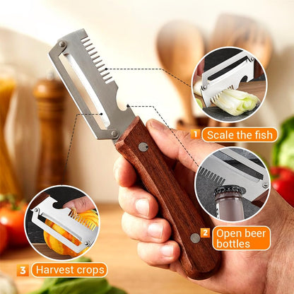 Skiennix Premium Vegetable Peeler - Multi-Functional Kitchen Tool with Wooden Handle & Bottle Opener