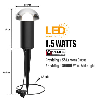 VENUS MANUFACTURING Low Voltage Landscape Pathway Lighting 6PK 1.5W LED Mushroom Lights 35Lumen Wired Walkway Light 3000K Warm White Driveway & Sideway Lights Metal Black Finish with Connector Stake