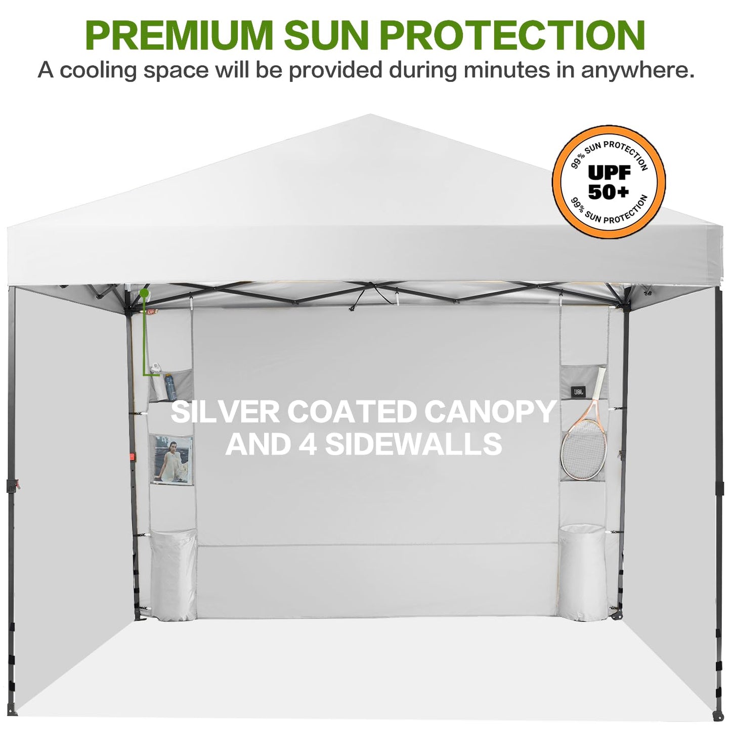Tunbne 10X10 Comercial Pop Up Canopy Tent with 4 Sidewalls and 6 Pockets, One Push Setup Center Lock, for Beach Patio Outdoor, Case, 8 Stakes, 4 Ropes, 4 Sandbags (Snow White)