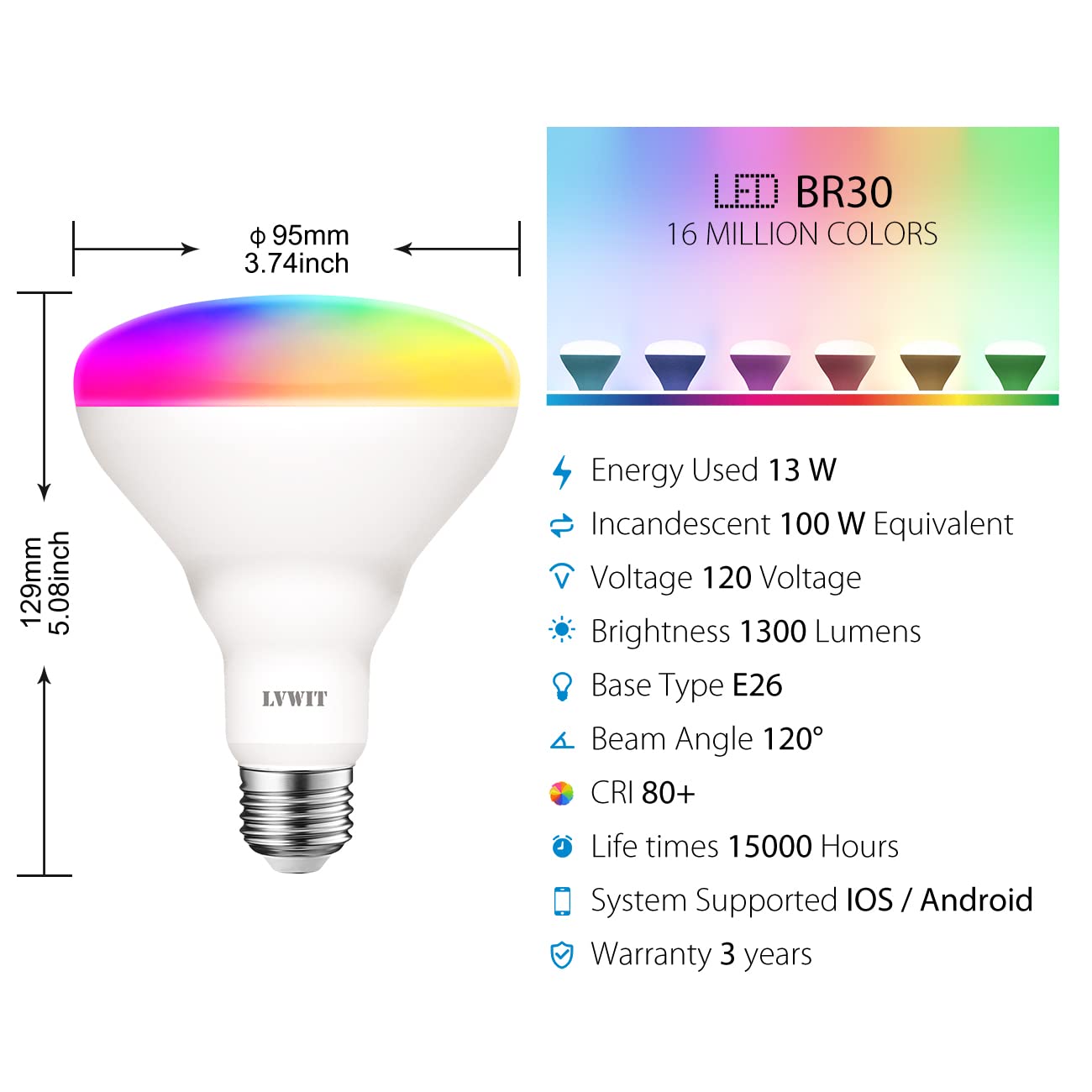 LVWIT Smart Light Bulbs Alexa, BR30 100W Equivalent, E26 Smart LED, Work with Google Assistant, Smart Life App, Tuya App, Dimmable 1300 Lumens RGB Color Changing Bulb (13W), No Hub Required, 4-Pack