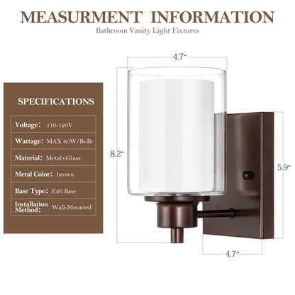 Eietonte 1-Light Bath Vanity Light Fixtures, Oil Rubbed Bronze, Dual Glass Shade, 2 Count, Model EIEWL001-ORB2P