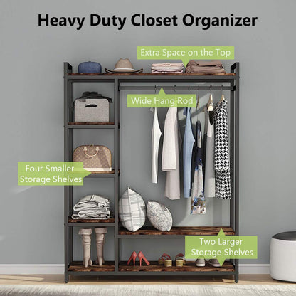 LITTLE TREE Free Standing Wood Closet Clothes Rack,Heavy Duty Grament Rack with Shelves,Hanging Racks for Clothes Clothing Rack for Bedrom,Wardrobe Closet Organizer,350 lb Capacity,Rustic