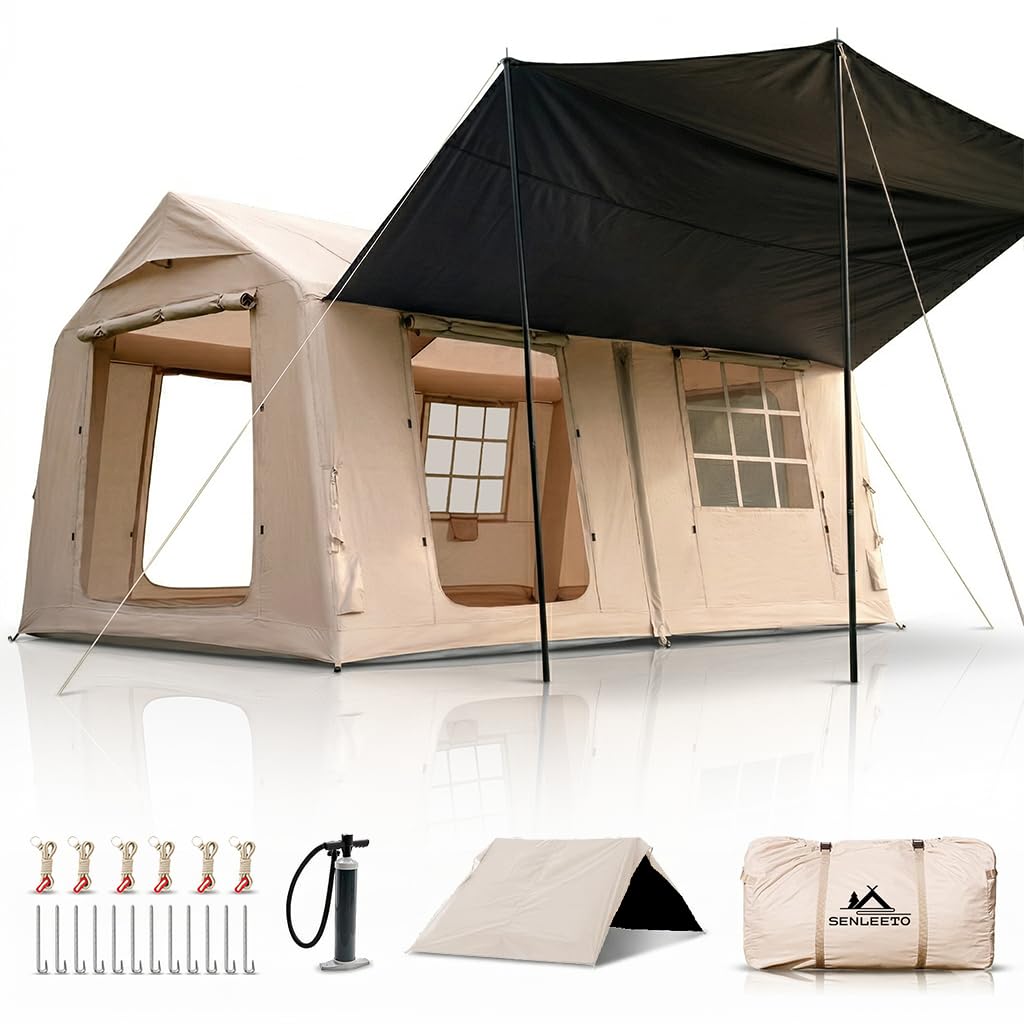 SENLEETO Large Inflatable Tent for Camping 10-12 Person, 10 * 13ft Inflatable Hot Tent with Stove Jack, Blow up Tents with Canopy,Easy Setup Inflatable Camping Tent,4 Season Glamping Tents