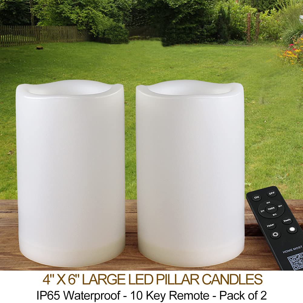 HOME MOST Pack of 2 White 4x6 LED Pillar Candles Outdoor IP65 Waterproof - Large Pillar Candles Battery Powered with Timer and Remote - Battery Operated Unscented Outdoor Flameless Candles Flickering