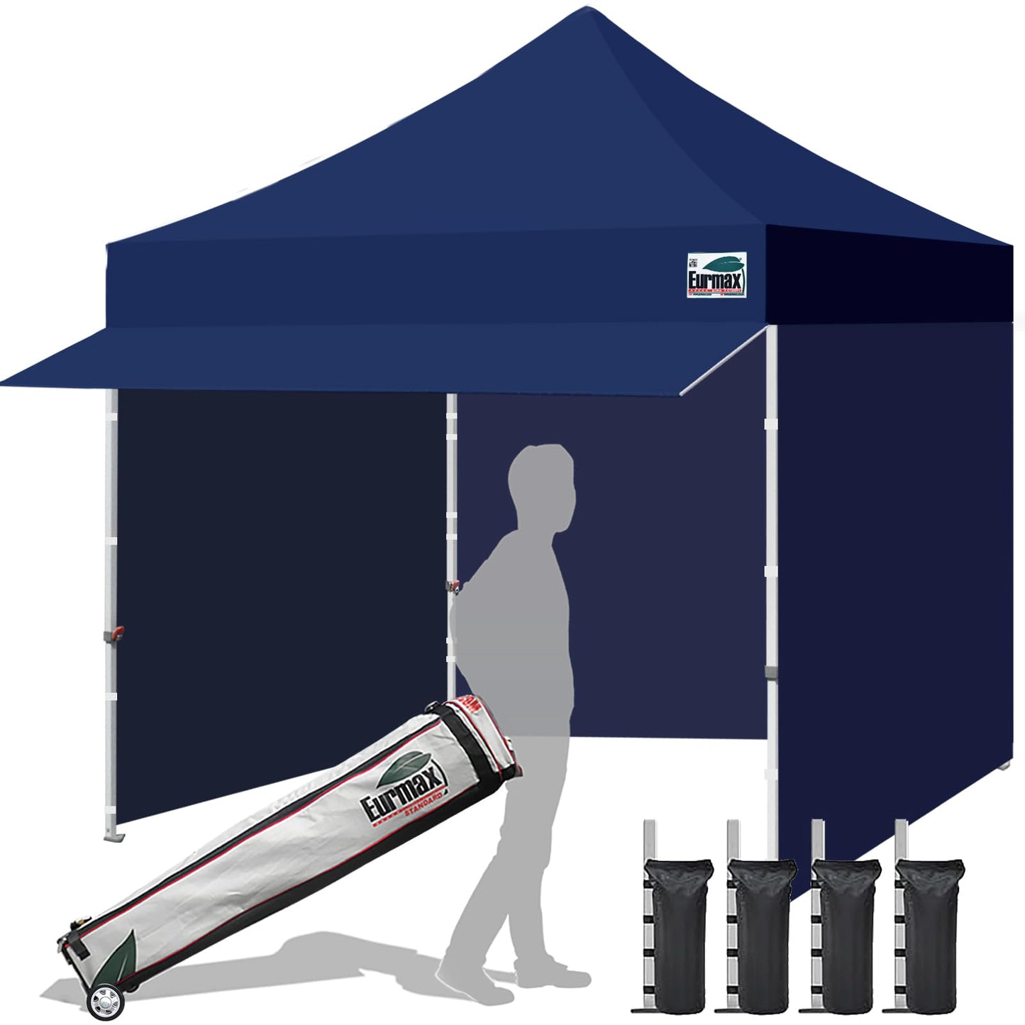 Eurmax USA 10x10 Pop Up Canopy,Commercial Tent with Patented No-Tip Rolling Bag,30sqft Extension Awning & 4 Zippered Removable Walls,UV & Water Resistant,Heavy Duty Instant Shelter Gazebo,Navy Blue