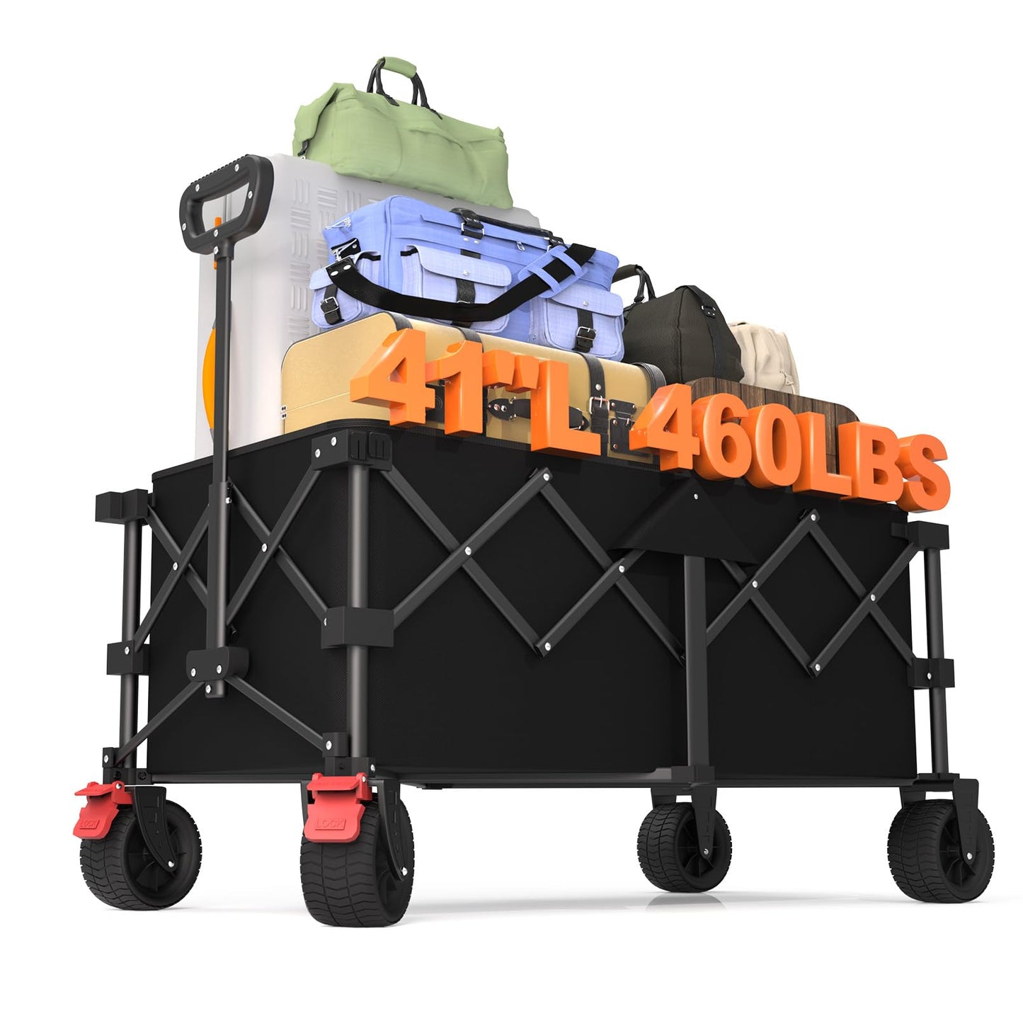 41" L Collapsible Large Wagon Cart Foldable, 460LB Weight Capacity 220L Heavy Duty Folding Beach Wagons with Big All-Terrain Wheels, Utility Carts for Camping, Garden, Shopping, Sports, Black
