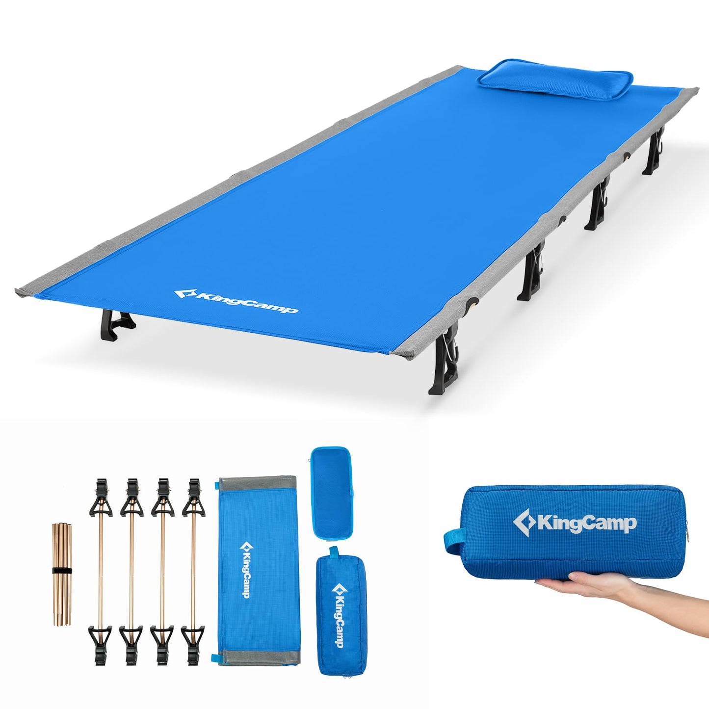 KingCamp Ultralight Camping Cot, Portable Folding Sleeping Cot for Adults, 265 Lbs Heavy Duty Compact Bed for Outdoor Backpacking Travel Hiking, Extra Wide 75 x 25 Inches, Blue