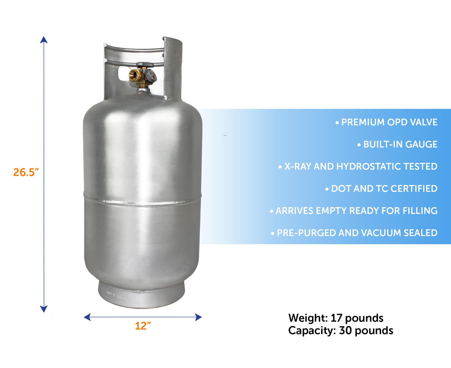 Flame King 30LB Aluminum Propane Tank with Gauge & OPD Valve, Corrosion-Resistant and Rust-Free, Lightweight, Great for Marine Applications, Grills and BBQs, Camping, Fishing, & Outdoor Activities
