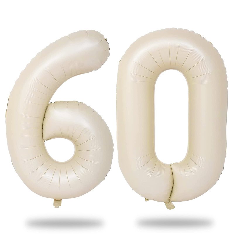 60th Birthday Balloons Cream for Women, 40 Inch Giant Beige Foil 60 Balloon Numbers Self Inflating, Ivory White Sand Digit 6 & 0 Helium Balloons for Men 60th Anniversary Party Decorations Supplies
