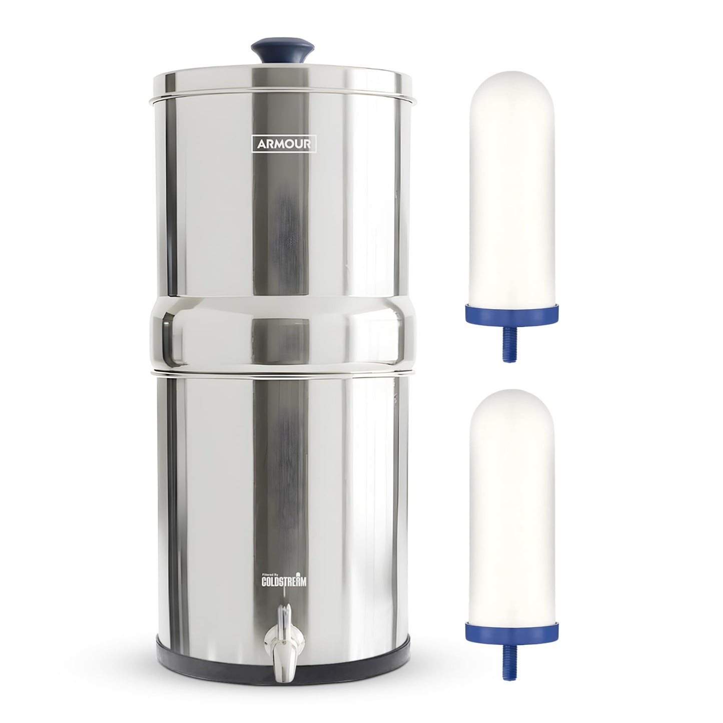 Armour Water Filter System - Stainless Steel Countertop Gravity Water Filter Dispenser with 2 Coldstream FTO Filters for PFAS, Fluoride, Lead, Bacteria - NSF Certified Water Dispenser