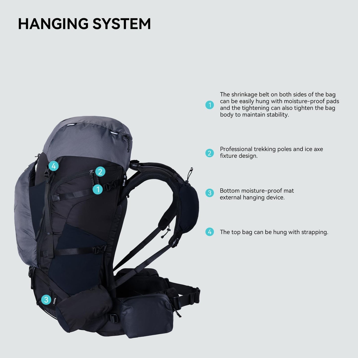 KAILAS RIDGE III 65+5L Hiking Backpack Trekking Daypack Outdoor Backpacking Waterproof Lightweight Internal Frame Backpack for Traveling Camping with Rain Cover Dark Black S