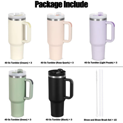 15 Pack 40 Oz Tumbler with Handle and Straw Bulk, 40 Oz Tumbler Stainless Steel Vacuum Insulation Keep Hot and Cold, 40 Oz Travel Coffee Mug with Silicone Spill Proof Stopper Set, Individually Boxed