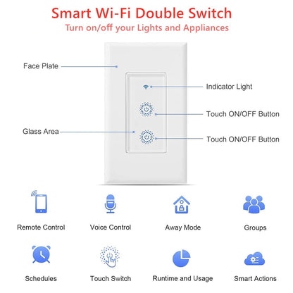 Nexete Smart Wi-Fi Double Light Switch, 2 in1 Single Pole Switch Compatible with Alexa Google Assistant & IFTTT,Remote Control, Timing Function No Hub Required (1-Pack Double)