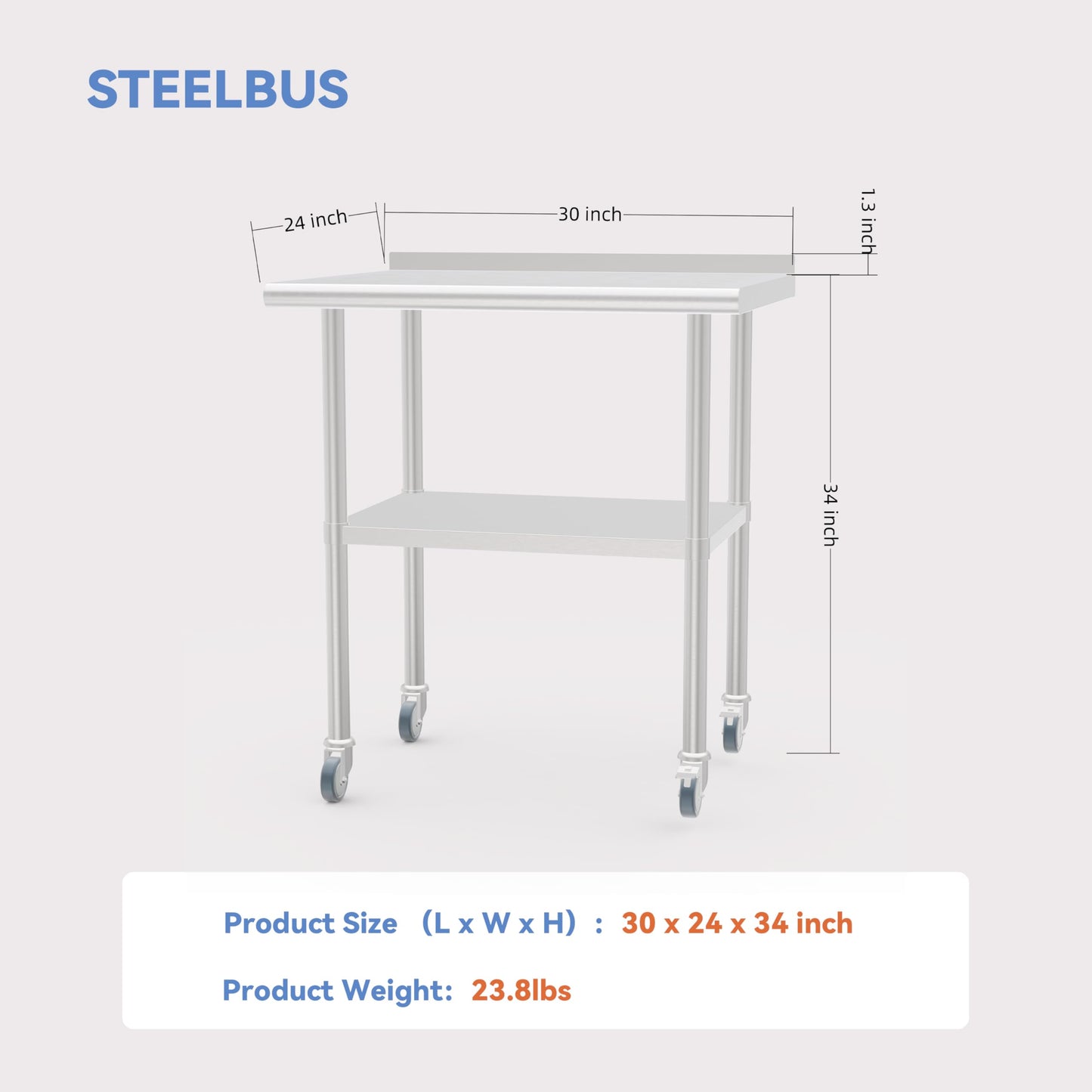 STEELBUS Stainless Steel Work Table with Back Panel,Undershelf and Casters,Commercial Prep Table for Kitchen, Restaurant,Garage,Workshop,NSF Certified,Durable,Scratch & Rust Resistant