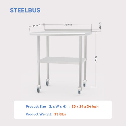 STEELBUS Stainless Steel Work Table with Back Panel,Undershelf and Casters,Commercial Prep Table for Kitchen, Restaurant,Garage,Workshop,NSF Certified,Durable,Scratch & Rust Resistant