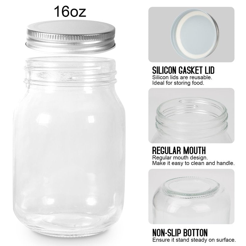 BEWAVE Glass Mason Jars, 16oz Clear Glass Jars with Lids for Sealing, Regular Mouth Canning Jars for Food Storage, Snacks, Candies, DIY Projects, 4 Pack