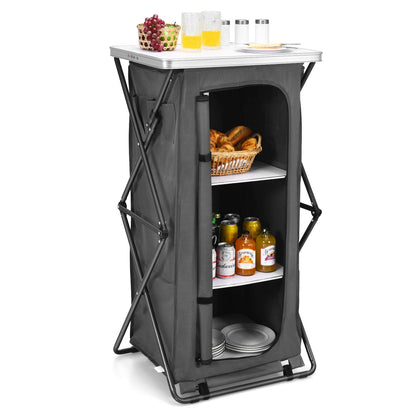Giantex Folding Camping Storage Cabinet with 3 Shelves and Carry Bag, Portable Outdoor Organizer Kitchen Table, Quick Set-up for BBQ, Picnic, Backyard, Compact Pop-Up Cupboard, 47''H