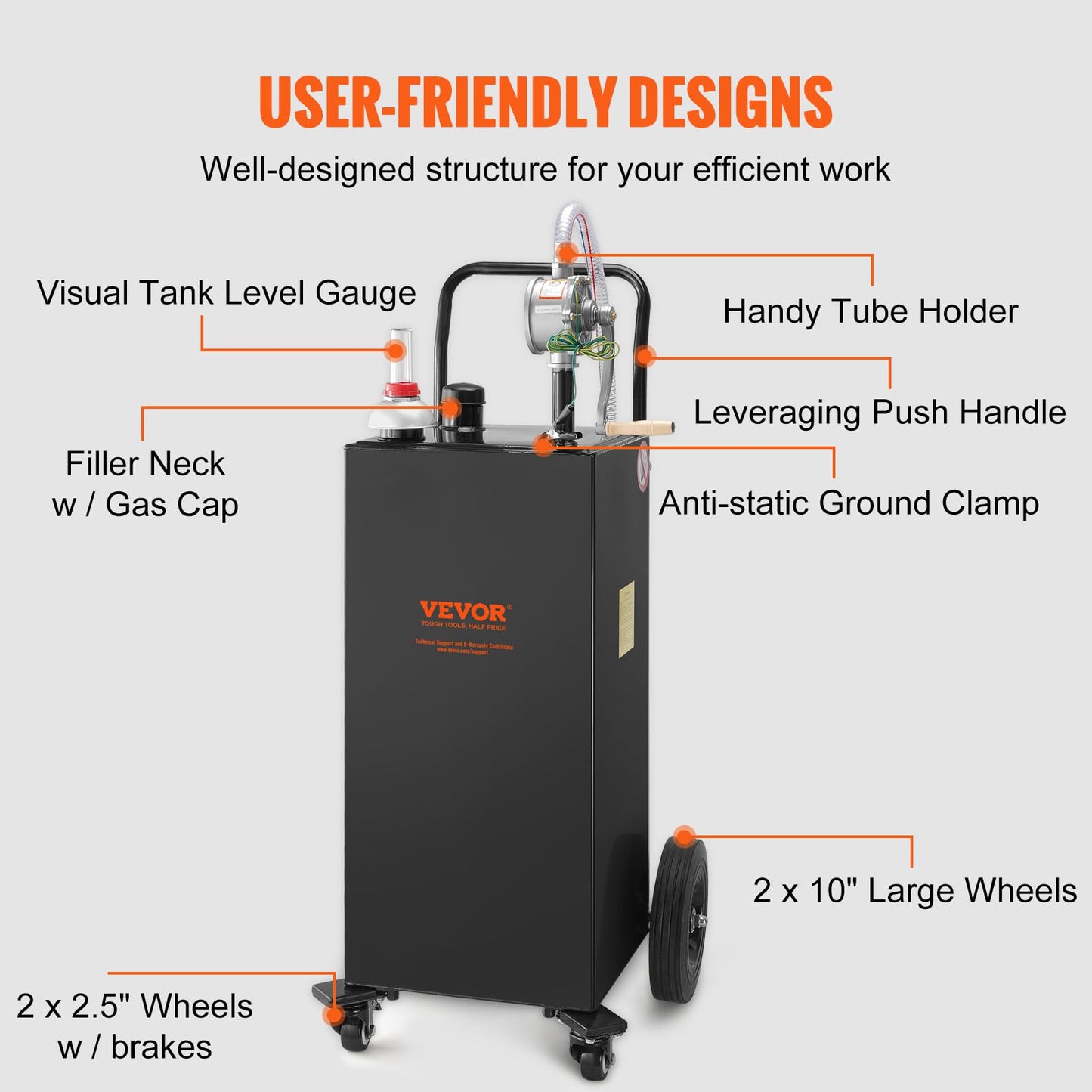 VEVOR Fuel Caddy 30 Gallon, Portable Gas Caddy Fuel Storage Tank with 4 Wheels & Manual Transfer Pump, Gasoline Diesel Fuel Container for Cars, Lawn Mowers, ATVs, Boats, Black