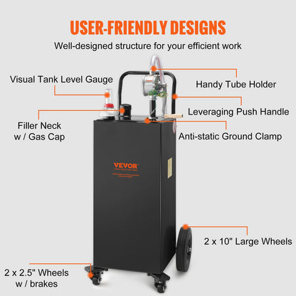 VEVOR Fuel Caddy 30 Gallon, Portable Gas Caddy Fuel Storage Tank with 4 Wheels & Manual Transfer Pump, Gasoline Diesel Fuel Container for Cars, Lawn Mowers, ATVs, Boats, Black