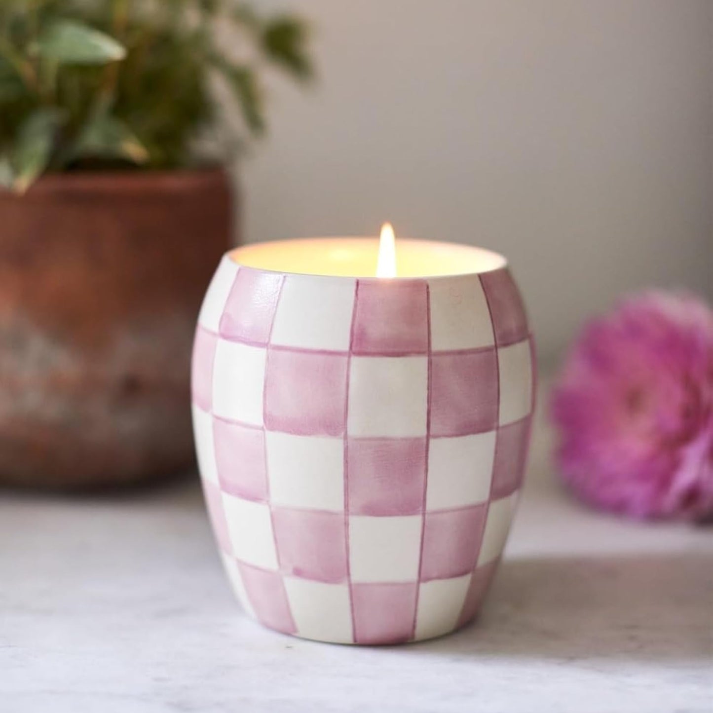 Paddywax Checkmate Hand Painted Scented Candle in Reusable Porcelain Jar, Clean-Burn Soy Candle with Approx. 55 Hour Burn Time, Decorative Gift Candles for Home, Lavender Mimosa, 11 oz