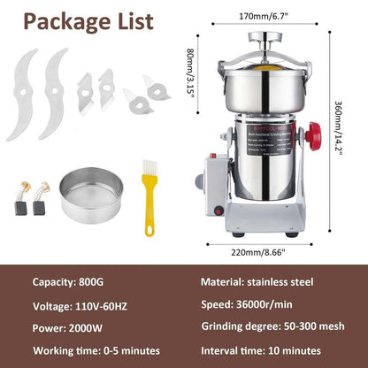 BI-DTOOL Electric Grain Mill Grinder 2000W Dry Material Grinding Machine 800g Stainless Steel Pulverizer 36000r/min High-speed Grain Mill 270° swingable Superfine powder for Home and Commercial 800g