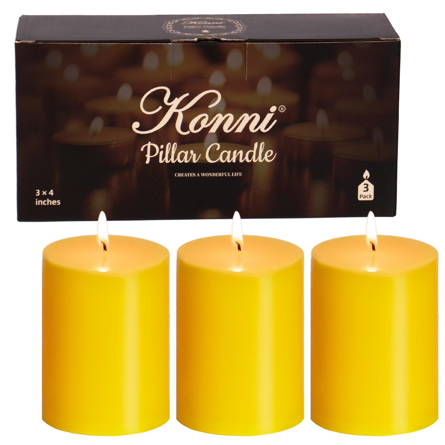 KONNI Yellow Pillar Candles Set of 3, 3"x 4" Unscented Pillar Candles Bulk, 39 Hours Long Burning Candles, Smokeless&Dripless Large Round Candle for Wedding, Home Decoration, Parties, Spas, Dinner
