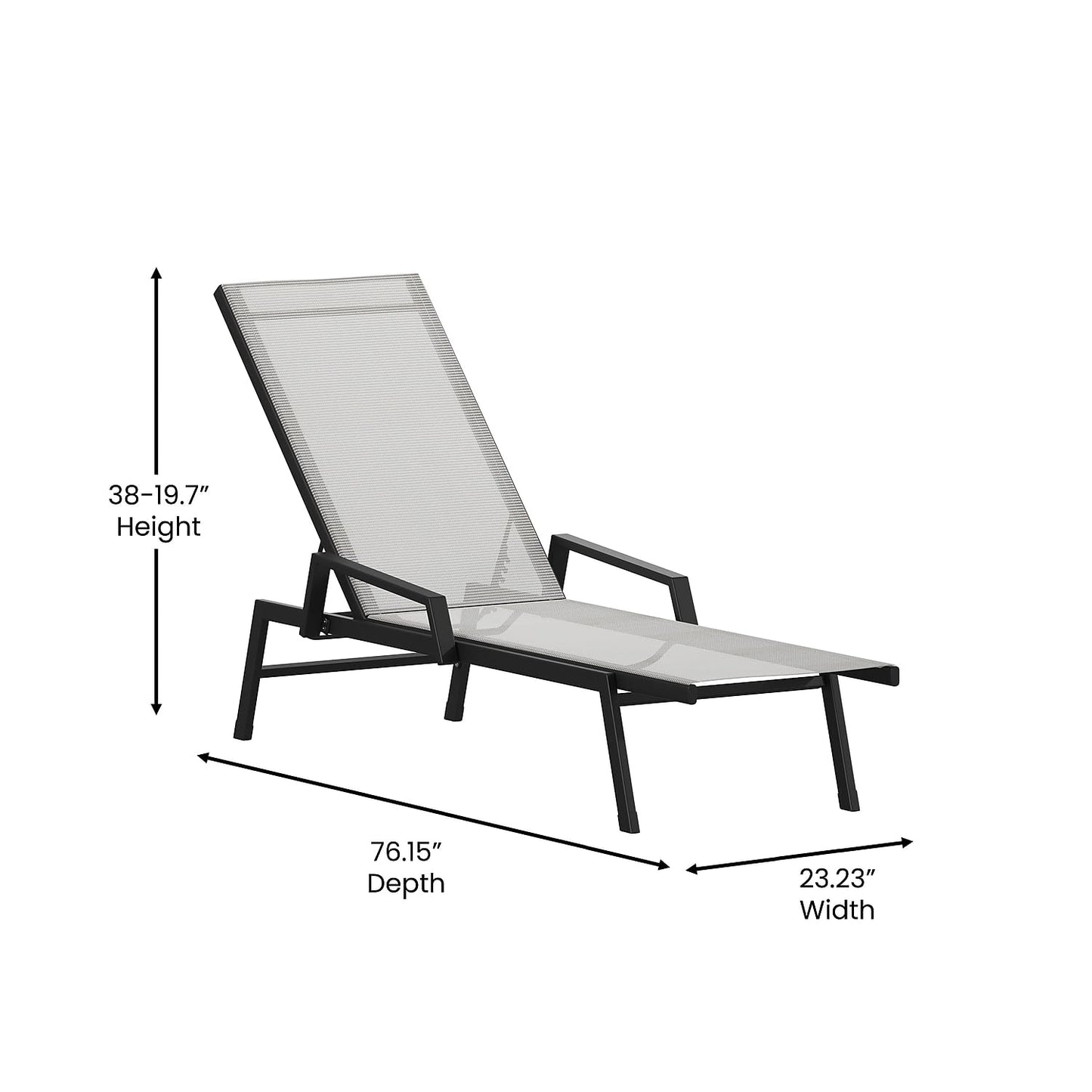 Flash Furniture Brazos Set of 2 Adjustable Chaise Lounge Chairs with Arms, All-Weather Outdoor Five-Position Recliners, Black/Gray