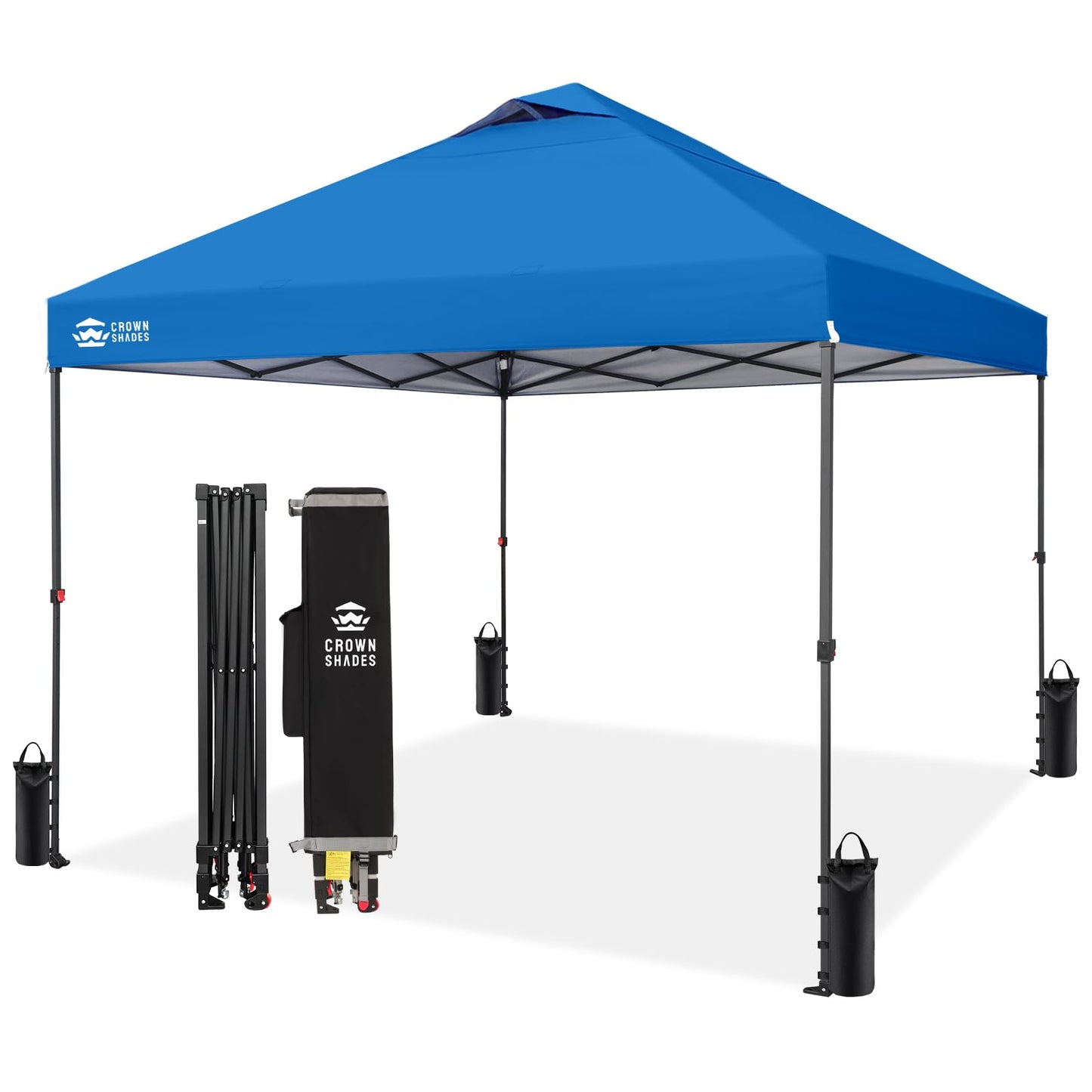 CROWN SHADES 10x10 Pop Up Canopy Tent - Patented Center Lock One Push Instant Outdoor Canopy Beach Tent with STO-N-Go Bag 8 Stakes & 4 Sand Bags，Blue