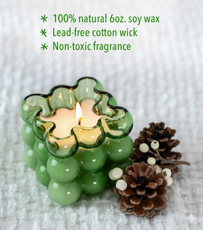 Non-Toxic Soy Candle in Decorative Bubble Glass — 6 oz Modern Green Glass Candle with Winter Applewood Scent