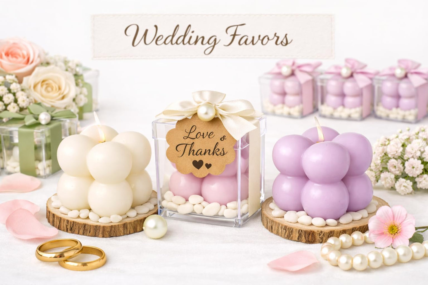Terreux Mind & Body Mini Bubble Candles Wedding Favors, 30 Sets, 1.6", White, with Thank You Card and Ribbon, Bridal Baby Shower Gifts, Baptism Gift for Guests (Ivory)