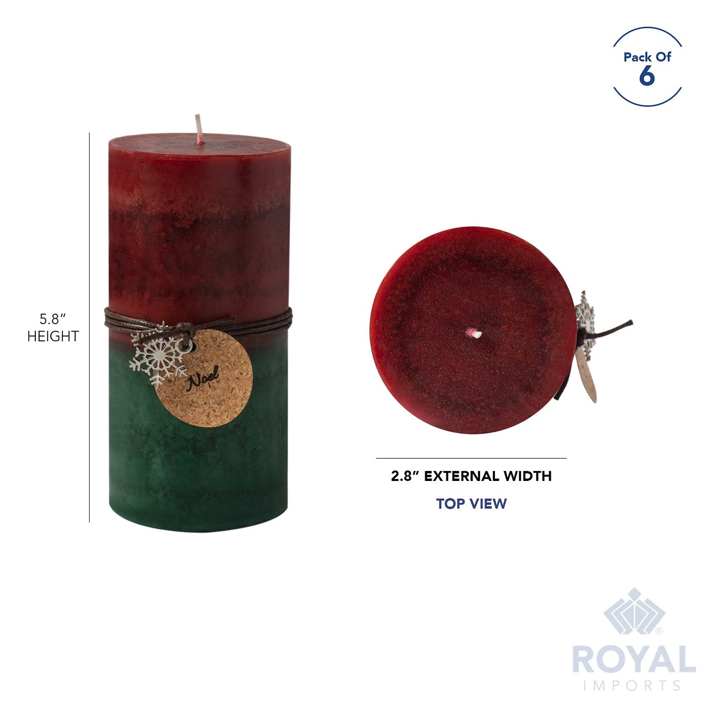 Royal Imports 3" x 6" Pillar Candles for Christmas Holiday Décor, Wedding & Home Decoration, Unscented, Dripless & Smokeless, Set of 6, Red Green Ombre Wax