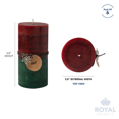 Royal Imports 3" x 6" Pillar Candles for Christmas Holiday Décor, Wedding & Home Decoration, Unscented, Dripless & Smokeless, Set of 6, Red Green Ombre Wax