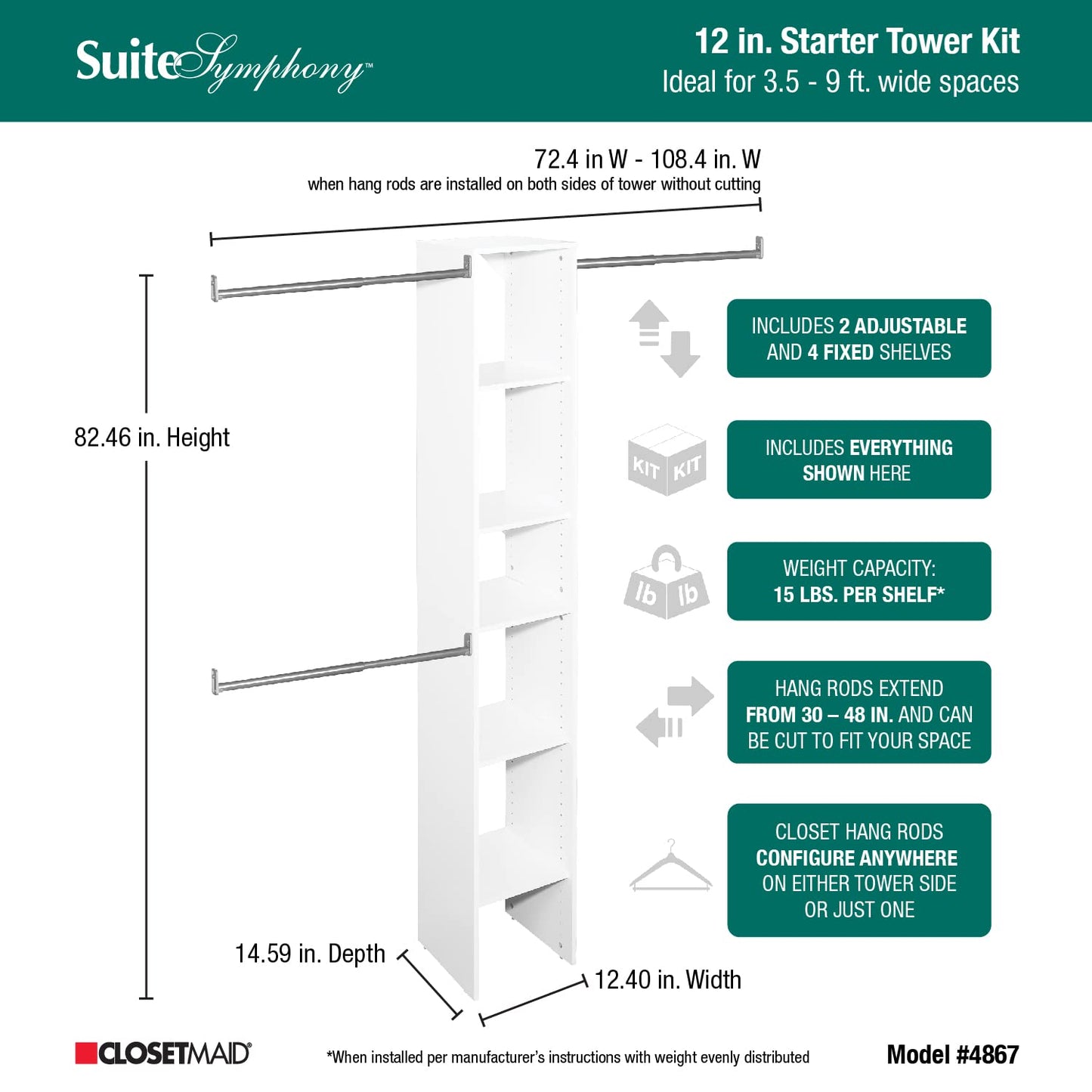 ClosetMaid 4867 SuiteSymphony 12-Inch Starter Tower Kit, Pure White
