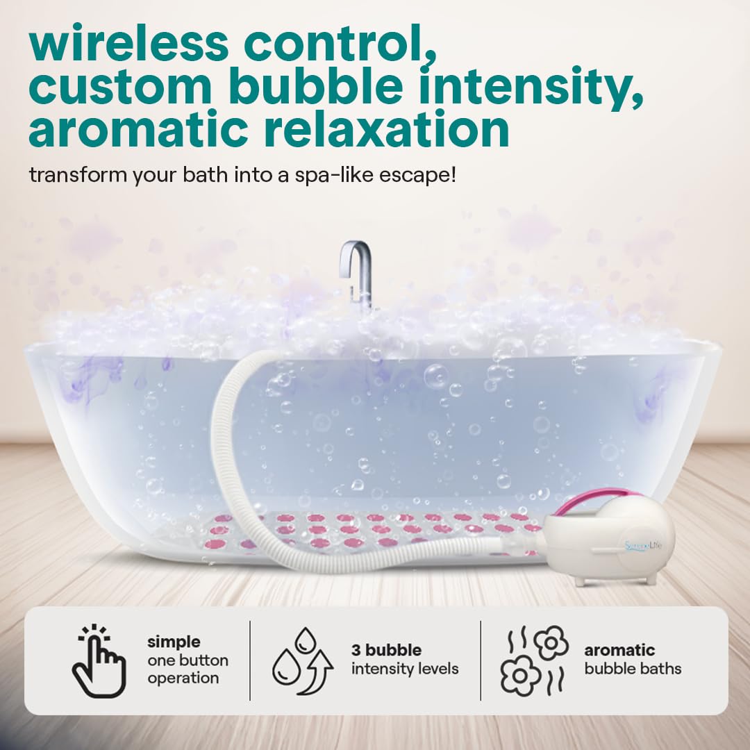 SereneLife Bubble Bath Mat - Portable Spa Bubble Bath Massager with Waterproof Bath Light & Pillow, Adjustable Bubble Intensity, Easy Button Control, Remote Control (Pink)