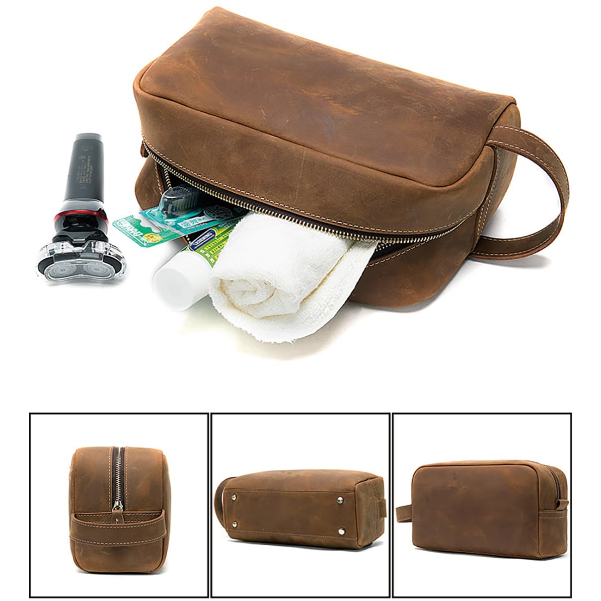 Glorixen Cowhide Travel Toiletry Bag for Men - Water-Resistant Shaving Dopp Kit & Cosmetic Organizer, Unisex Grooming Bag (brown)