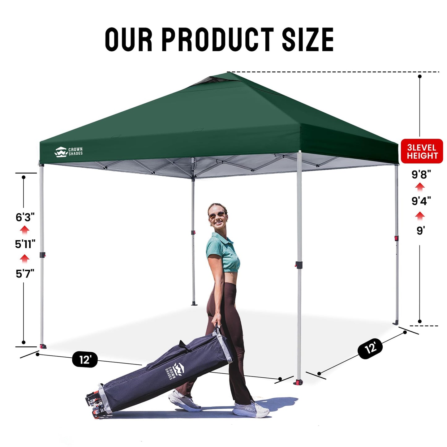 CROWN SHADES 12x12 Pop Up Canopy Outside Canopy, Patented CenterLok One Push Tent with Wheeled Carry Bag, Bonus 8 Stakes and 4 Ropes, Forest Green