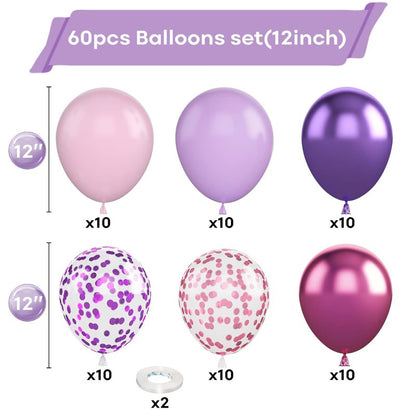 Togvu Purple Pink Balloons, 60 Packs 12 Inch Metallic Purple Pink Confetti Balloons, Lavender and Light Pink Latex Balloons with Ribbon for Girls Women Birthday Wedding Baby Shower Party Decoration