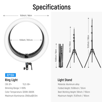 NEEWER Ring Light RP19H 19 Inch with Tripod Stand 3 Phone Holders Compatible with iPhone, Upgraded 2.4G Touch Control Ringlight for Video Recording Streaming Home Office Zoom Selfie Makeup Lighting
