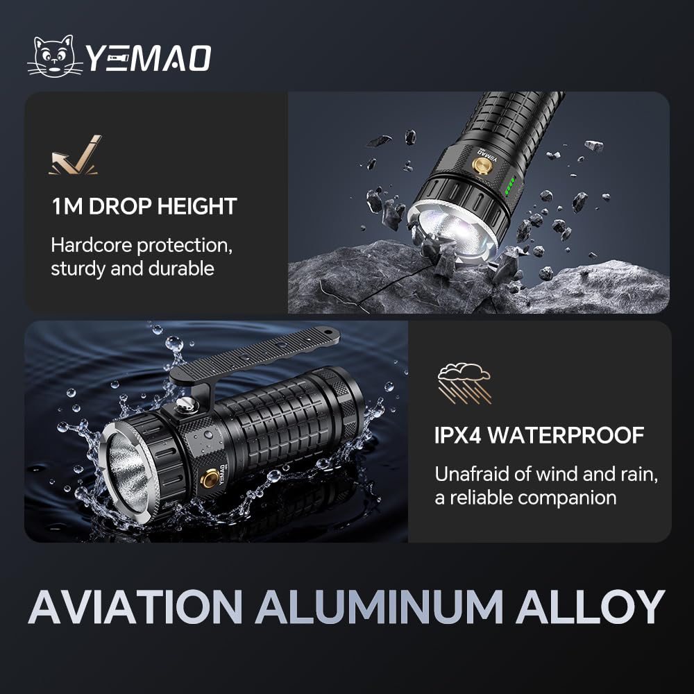 Yemao Rechargeable Flashlights 11800 High Lumens, Brightest Flashlight, Super Bright LED Flashlight Type C Charged, 5 Modes Long Lasting 60 Hours, for Emergencies, Camping, Outdoor, Caving