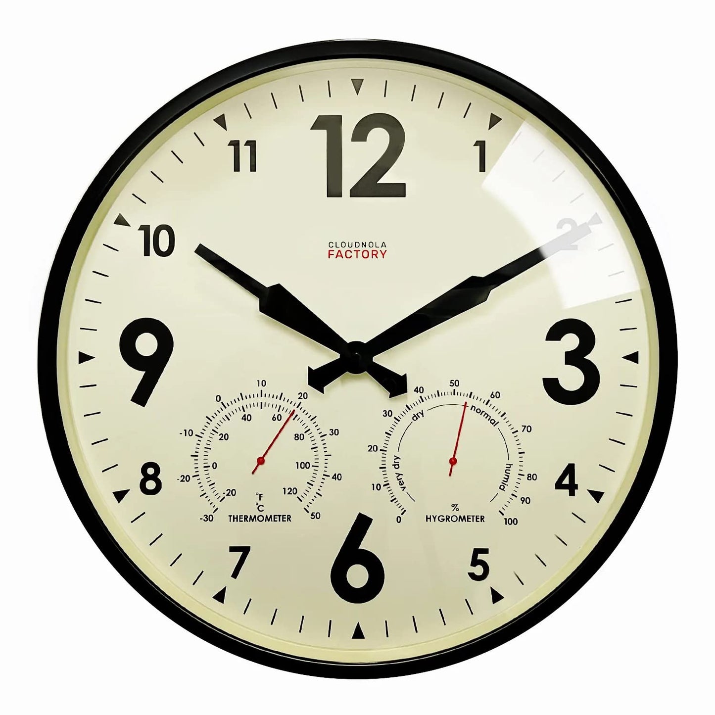 Cloudnola Indoor Outdoor Waterproof Metal Wall Clock with Thermometer and Hygrometer, Black, 18 inch Silent Non-Ticking Battery Operated Quality Quartz Round Clock for Patio and Home Decor