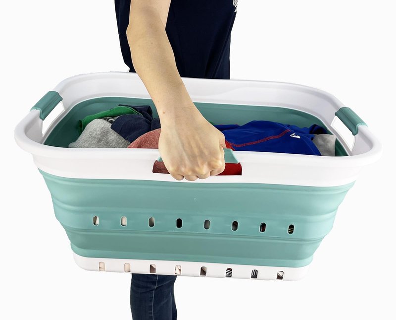 SAMMART 42L (11 gallon) Collapsible Plastic Laundry Basket - Foldable Pop Up Storage Container/Organizer - Space Saving Hamper/Basket (1, White/Celadon Green)