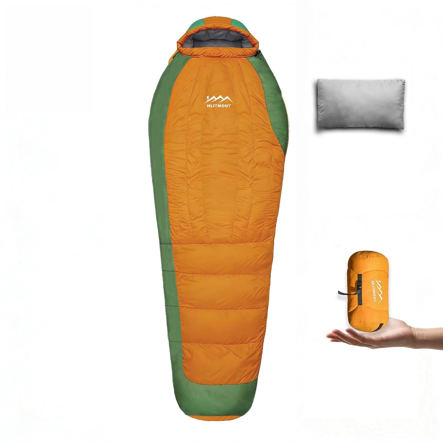 HLITMOUT Down Sleeping Bag with Pillow, 0°F 20°F 32°F Regular and XL Compact Lightweight Sleeping Bag for Adults,Teens Backpacking,Camping and Hiking Outdoor (Orange, Regular 32°F)