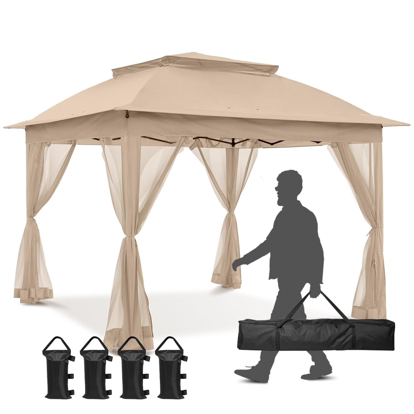 INTER HUT 11x11 Pop Up Gazebo Tent with Mesh Netting, Instant Outdoor Canopy with UPF 50+ UV Protection, Water Resistant, Khaki