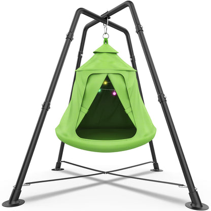 Swing Set with Tent Swing, X-Shaped Swing Frame with Sensory Swing, Tent Swing with Swing Stand, Hammock Chair with Stand, 330 lbs Capacity, w/Rainbow Lights String, Indoor/Outdoor Use(Green)