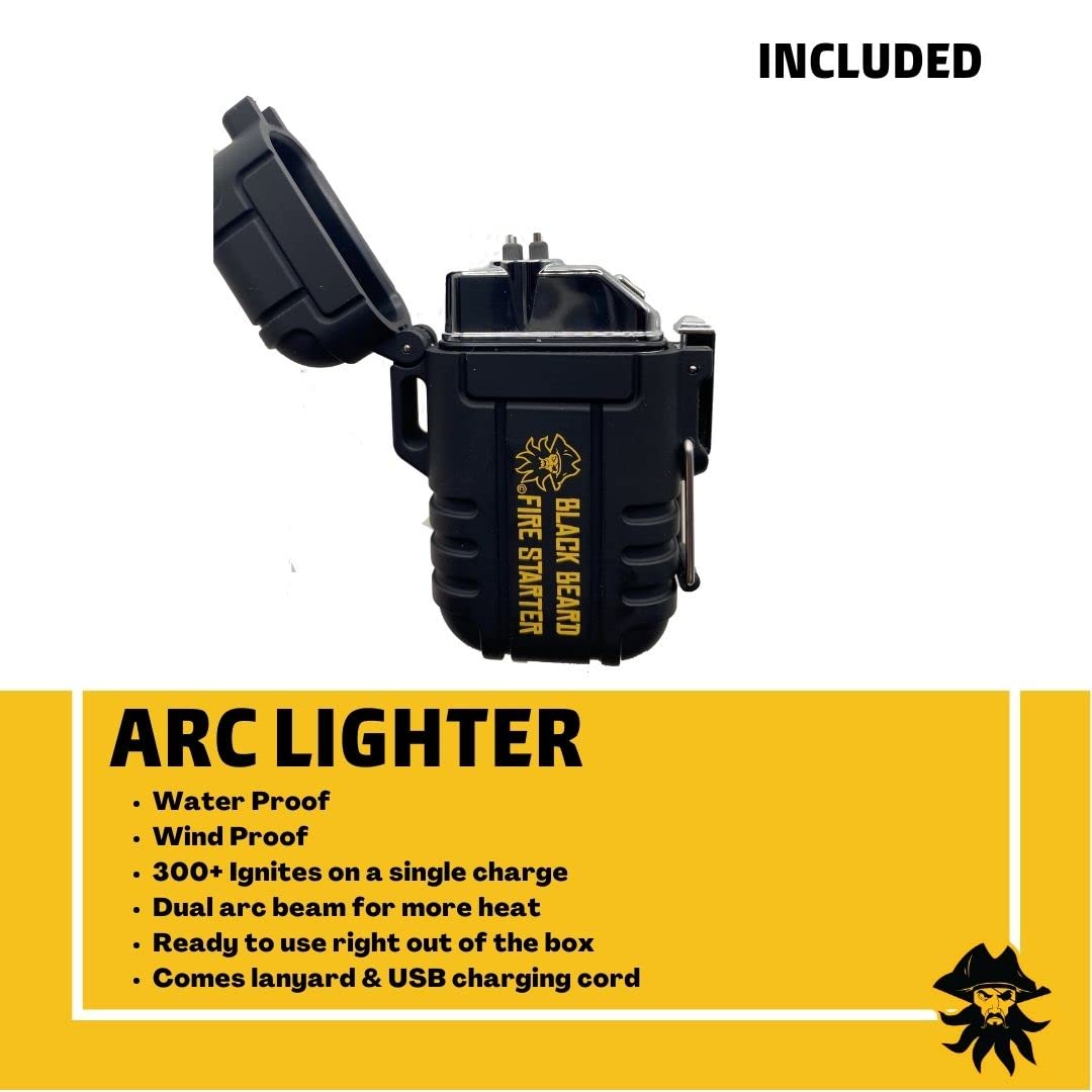 Black Beard Pirate's Plunder Fire Starter Kit with Waterproof Plasma Arc Lighter, Ferro Rod & Fire Starter Rope for Campfires in All-Weather Waterproof & Windproof