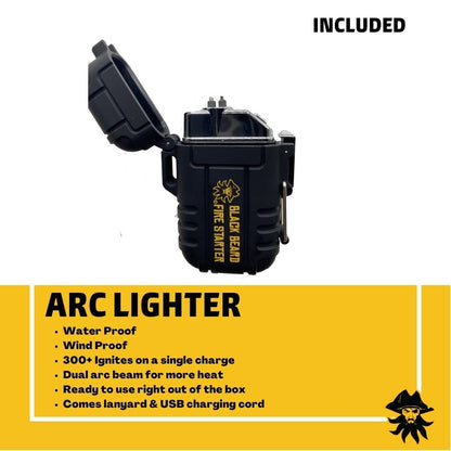 Black Beard Pirate's Plunder Fire Starter Kit with Waterproof Plasma Arc Lighter, Ferro Rod & Fire Starter Rope for Campfires in All-Weather Waterproof & Windproof