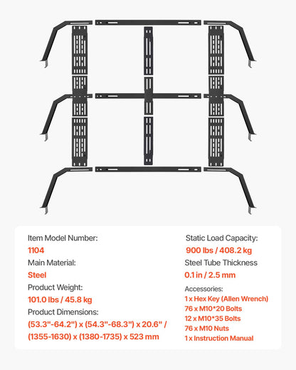 VEVOR Overland Truck Bed Rack, 54.3-68.3 in Width, Adjustable Overland Bed Cargo Rack with Sidebar and 900 lbs Static Load Capacity, Heavy Duty Steel, Compatible with Full Size and Mid-Size Trucks