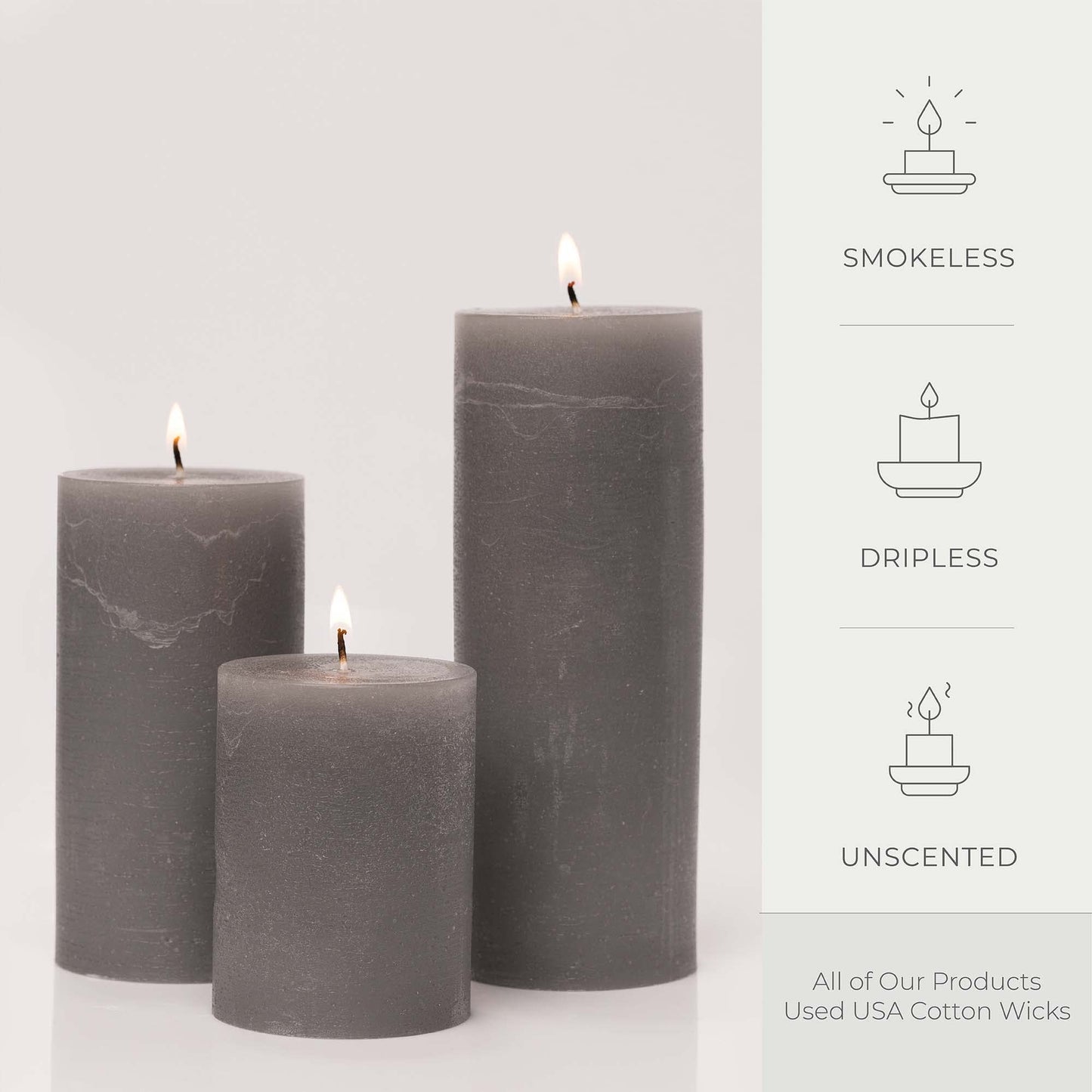 BASK Mottled Unscented Cool Grey Pillar Candles Set of 3 - Dripless Large Smokeless Pillar Candles for All Occasions
